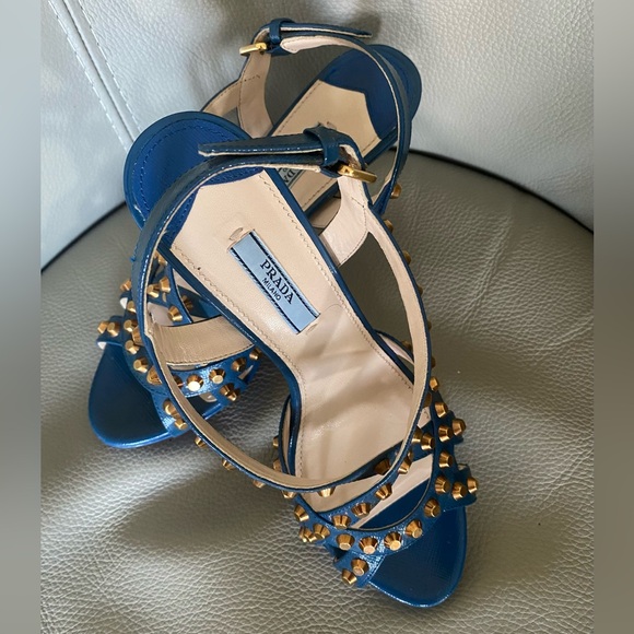 Prada Blue Leather Studded Slingback Sandals Sz 37.5, 7.5 - Picture 7 of 11
